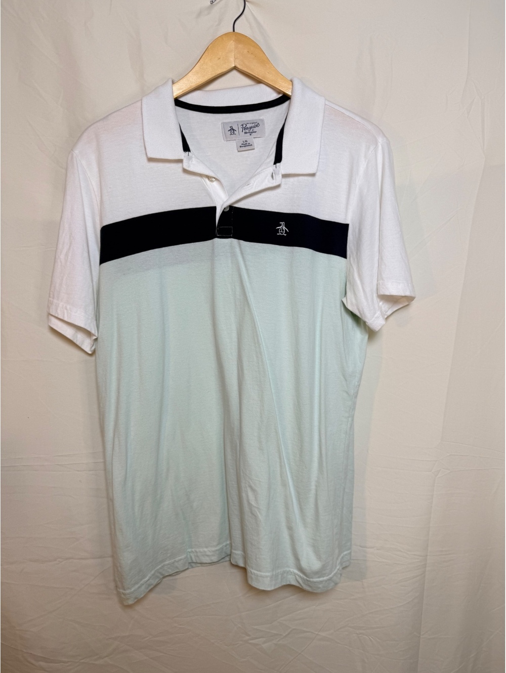 Original Penguin Polo Shirt Men’s Large White Mint Green Stripe 100% Cotton
